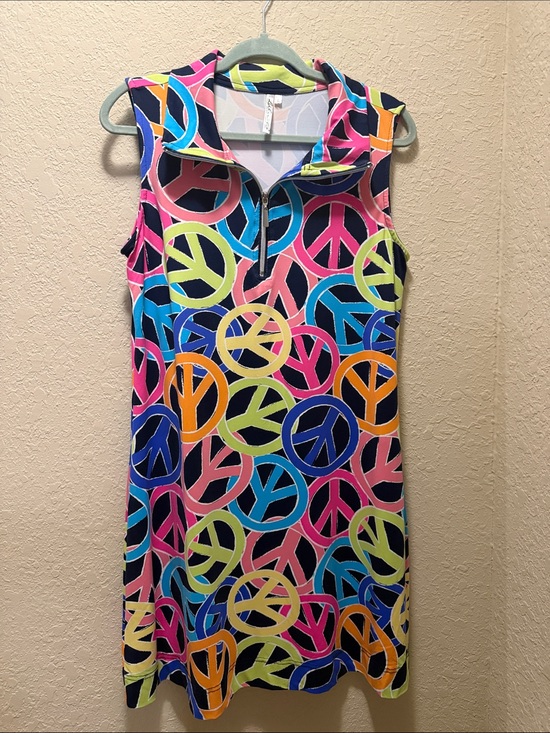 Lulu-B Dresses & Skirts - Lulu-B Multicolor Peace Sign Print Dress — Navy, Pink, Blue, Lime Green